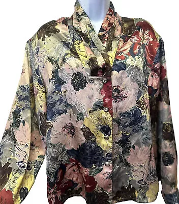 Vintage Size 12 Satin Double Breasted Button Up Blouse Artsy Floral Secretary • $8