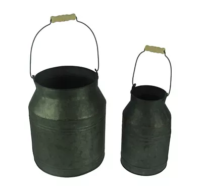 Scratch & Dent Rustic Galvanized Metal Milk Pail With Wood Handle Set Of 2 • $21