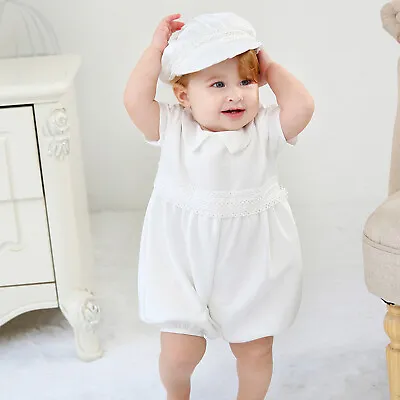 Baby Boys Satin Christening Suit Romper Set And Hat 3 6 9 12 18 Months • £23.99
