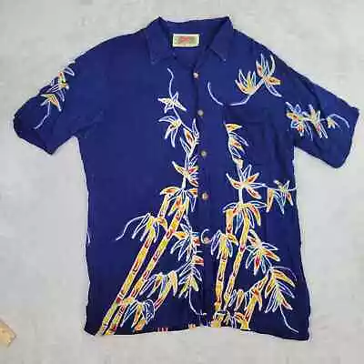 Java Wrap Shirt Mens Small Blue Button Up Hawaiian Tiki Hula Bamboo Tree Adult • $11.84