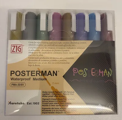 Kuretake ZIG Posterman 8 Colours 2mm Tips Waterproof Markers  Arts & Crafts • £9.99