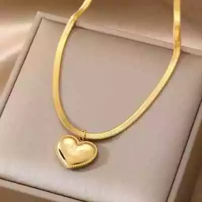 Stainless Steel Gold Necklace Heart I LOVE YOU MORE Pendant & Herringbone Chain • $12.99