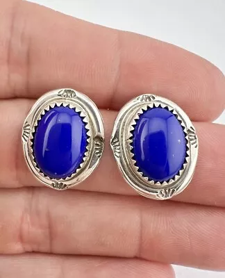 Vintage Navajo Sterling Silver Cabochon Blue Lapis Lazuli Stamped Post Earrings • $45.95