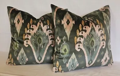 Pair Of Statement Cushion Covers Kasbah Forest Green Ikat  Velvet New 18  Sq • £13.50
