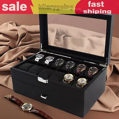 24 Slots Mens Watch Box Case Organizer Watches Jewelry Storage With Valet Drawer • $46.55