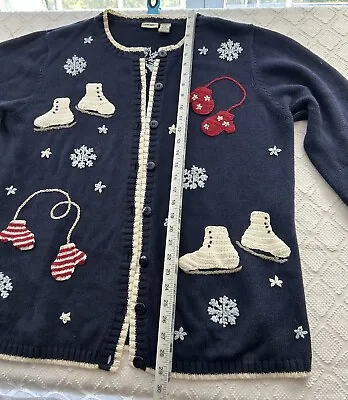 VTG Christmas Cardigan Sweater Womens Sz XL Ramie Cotton Navy White Mittens • $12.97