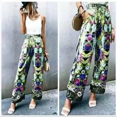 Zara Multi Color Floral Print Satin Effect Flowy Wide Leg Palazzo Pants ~M M3020 • $68.98