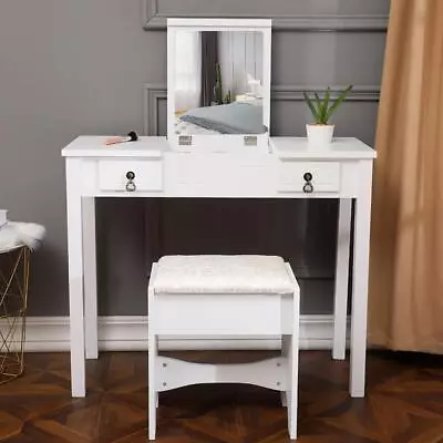 Vanity Table Set With Flip Top Mirror Makeup Dressing 2 IN 1 Writing Desk White • $91.98