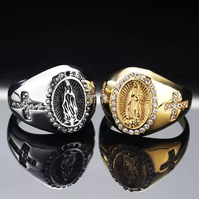 Men's Christian Cross Virgin Mary Ring Men's Stainless Steel 7-13 Size • $9.89