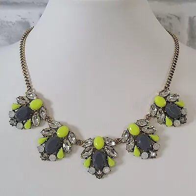 J Crew Crystal Rhinestone Necklace Neon Yellow Blue Gray Statement Jewelry • $27.55