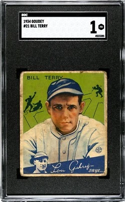 $99.99 • Buy 1934 Goudey BILL TERRY HOF Giants #21 SGC 1 Poor Condition