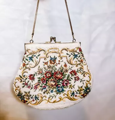 Vintage Beaded & Needlepoint Floral White Purse • $50