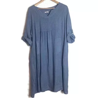 Made In Italy Blue Linen Dress Lagenlook Large • $60