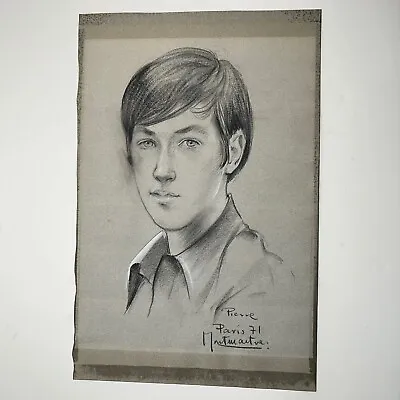 Vintage 1971 Young Teen Boy Portrait Realism Charcoal Drawing - Signed - Paris • $37.47