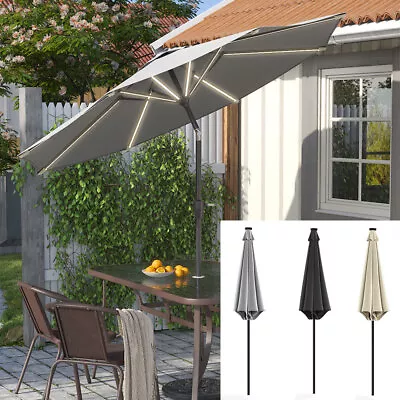 3M Parasol / LED Solar Lighted Umbrella Canopy Shade Patio Tilt Crank Steel Pole • £22.95