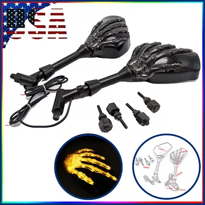 Universal Side Rearview Mirrors Turn Signal Motorcycle 8mm 10mm Skull Hand Pair • $42.53