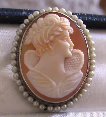 Vintage 800 Silver Carved Lady Cameo Framed By Seed Pearls Brooch Pin ~ Stunning • £4.20