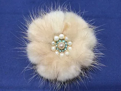 Vintage Mink Brooch With Faux Pearl & Blue Diamante • £8