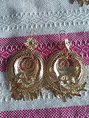 Round 18 K Gold Plated  Mexican Handcrafted Filigree Chandelier Earrings 3  • $35