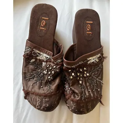 Vintage 90s LEI Embroidered Embellished Brown Clogs Studded Cottage Fairy • $28