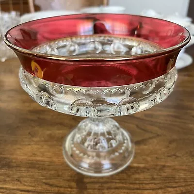Vintage Large Kings Crown Thumbprint Footed Compote 7” Ruby Red & Clear Pedestal • $12.99