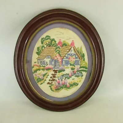 VTG Finished Framed Needlepoint Cottage Oval Under Glass Completed 12.5  X  14  • $15.10