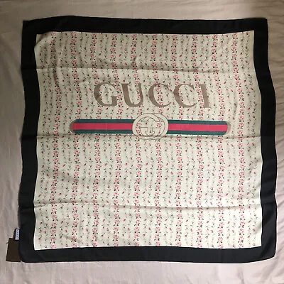 Gucci NWT Vintage Firenze 1921 Silk Scarf Black Edge Pink Roses Signature Logo • $199.99