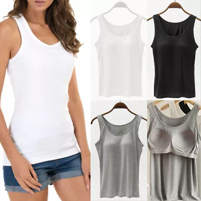 Womens Tank Tops Wide Strap Camisole With Built In Padded Bra Sports Vest Cami • £7.95