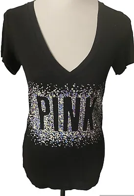 Vintage Y2K PINK Victorias Secret Sequins Logo Black Baby Tee Deep Vneck XS • $8.40