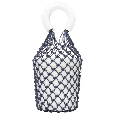 $110 • Buy STAUD Moreau Net Navy Fishnet White Leather Bucket Bag