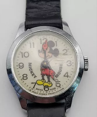 Walt Disney Mickey Mouse Basis Wristwatch Swiss Made Manual Wind One Jewel 26mm • $1