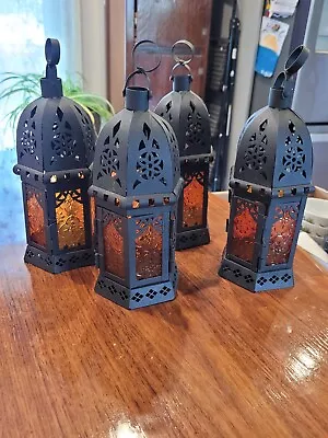 Set Of 4 Amber Metal Moroccan Candle Holder Hanging Lantern Ramadan 10 Inch • $24.99