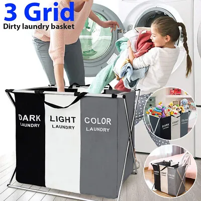 £12.88 • Buy Laundry Basket Hamper Clothes Bin Organiser Folding Light Dark Colour 3 Section
