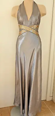 WAREHOUSE Metallic Silver Halter Neck Maxi Dress - UK 10 • £18