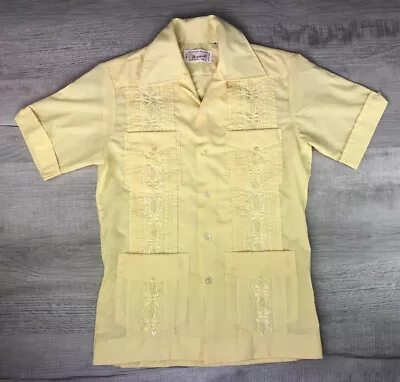 Vintage Mexican Wedding Shirt Mexacali 70s Yellow Permanent Press Mens S 14-14.5 • $39.80