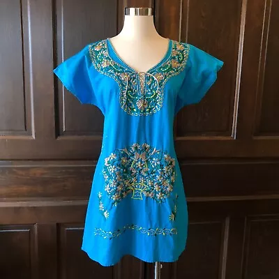 Mexican Embroidered Mini Dress Tunic Peasant Tie Back Aqua Blue Size S/M • £38.60