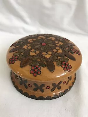 Vintage Round Wooden Box Lidded Pyrography Painted Hand Decorated Collectible • $25.99