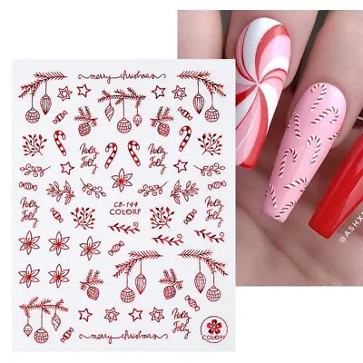 Nail Art Stickers Christmas Red Snowflakes Candy Cane Holly Fern Baubles CB144R • $3.54