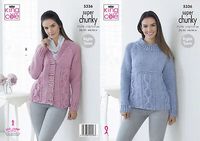 King Cole Ladies Super Chunky Knitting Pattern Cabled Sweater & Cardigan 5336 • £4.99