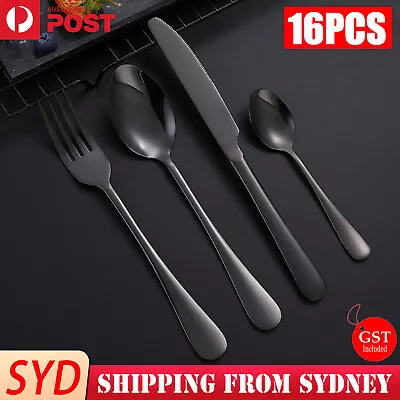 16PCS Stainless Cutlery Set Steel Spoon Fork Knife Tablespoons Teaspoons Black   • $29.99