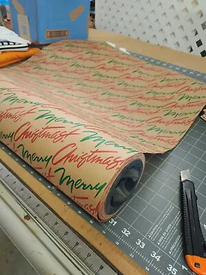 Vintage Brown Craft Merry Christmas Wrapping Paper Green Red 24   Wide $1 Per Yd • $1
