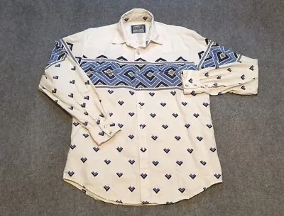 Western Essentials Shirt Mens Medium White Blue Aztec Vintage Pearl Snap  • $19.99