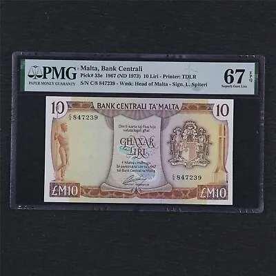 1967 Malta Bank Centrali 10 Lira Pick#33e PMG 67 EPQ Superb Gem UNC • $795