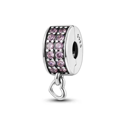 Love Heart Pink Crystal Spacer Clip Charm Genuine Bead Sterling Silver 925 Mum • £12.99