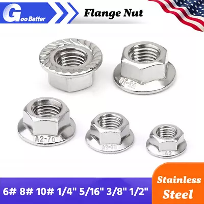 Flange Nuts Stainless Steel 6# 8# 10# 1/4 5/16 -1/2  Serrated Base For Locking • $8.45