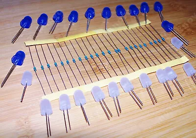 24x JUMBO 8mm Blue White Diffused Round LEDs & LED Resistor Pack - USA • $8.99