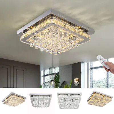 Modern Square Chrome Crystal LED Ceiling Light Lamp Fitting Pendant Chandelier • £62.99