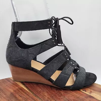 UGG Yasmin Sandals Women's 9 Black Brown Leather Snake Strappy Lace Up Zip Wedge • $39.97