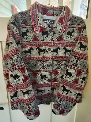 Vintage Woolrich Women's Aztec Horse Print Lined Fleece Shirt Jacket Size L • $22.99