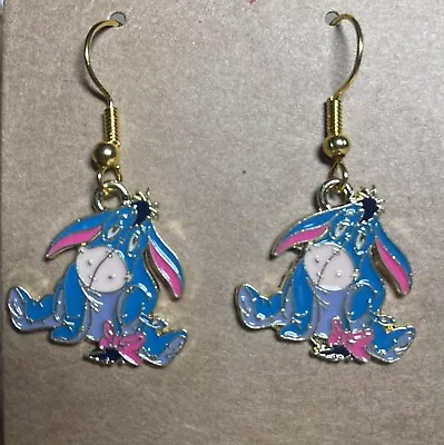 HANDMADE Gold Plated Cartoon Eeyore Character Charm Drop Hook Earrings • $11.66